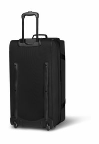 Valigia nera a rotelle realizzata in tessuto resistente. Presenta un manico estensibile, due ruote fluide e una base robusta con hardware protettivo.