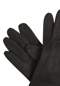 Guanti neri realizzati in materiale morbido con una superficie liscia, caratterizzati da un design classico e una costruzione a cinque dita, impilati in una posizione stratificata.