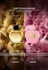Twee hartvormige parfumflesjes met het label Her Secret Absolu van Banderas op bloemrijke achtergronden, één gouden met sandelhout, één roze met perengeur.