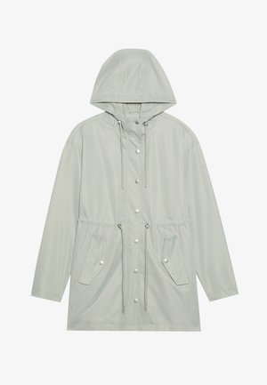 Light green waterproof jacket with a hood, snap buttons, adjustable drawstring at the waist, and two front pockets. Smooth texture.