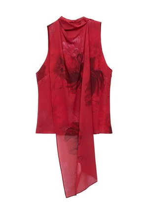 Rdeča brezrokavna majica z ohlapnim oblikovanjem, ki vključuje drapirano šalno podrobnost. Narejena iz lahkotnega blaga s cvetličnimi vzorci in gladko teksturo.