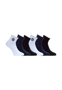 Six paires de chaussettes de cheville de couleurs alternées blanc, bleu marine et noir, avec un petit logo circulaire sur deux paires blanches.
