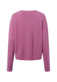 Dames lange mouwen gebreide trui in gedempt mauve, met een ronde halslijn en een subtiele verticale naad in het midden van de achterkant.