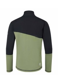Schwarze und olivgrüne Langarmjacke mit hohem Kragen. Weicher Stoff, Farbblockdesign und sichtbare Nähte entlang des Saums und der Ärmel.