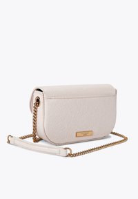 Borsa a tracolla di colore rosa chiaro, con una forma curva, tracolla in catena dorata e una placca del marchio dorata sul fronte.