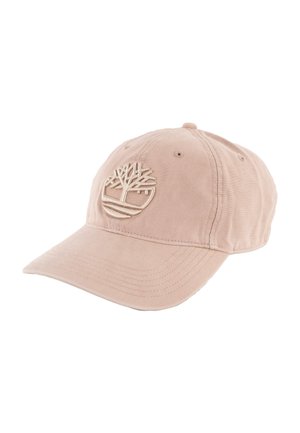 Casquette de baseball marron clair à visière courbée, avec un logo circulaire d'arbre brodé sur le panneau avant.
