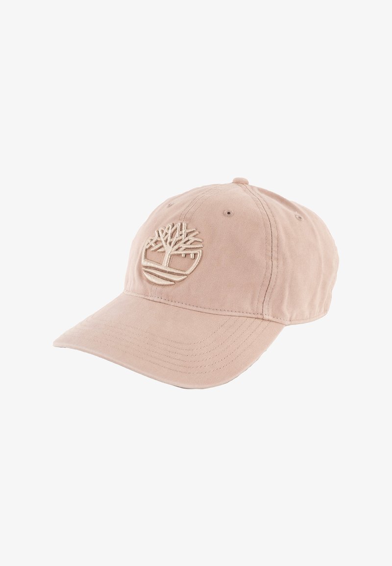 Casquette de baseball marron clair à visière courbée, avec un logo circulaire d'arbre brodé sur le panneau avant.