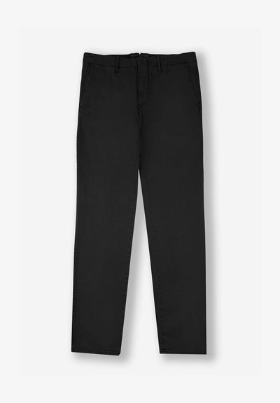 Schwarze Baumwollhosen mit geradem Beinschnitt, Reißverschluss, zwei Vorderaschen und Gürtelschlaufen. Glatte Textur mit dezenten Nähdetails.