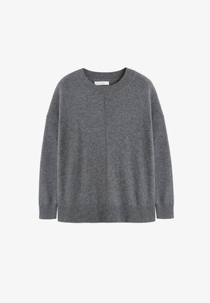 Grijs gebreide trui met een ronde hals, verlaagde schouders, ribgebreide manchetten en zoom. Heeft een centrale naaddetail aan de voorkant.