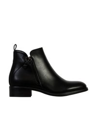Bottines en cuir noir avec un design élégant, fermeture éclair latérale, petit talon bloc et bout arrondi. Texture lisse et style minimaliste.
