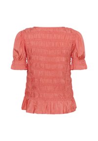Blusa corallo con maniche e orlo arricciati. Tessuto strutturato con dettagli arricciati lungo il retro della camicia. Materiale liscio e leggero.