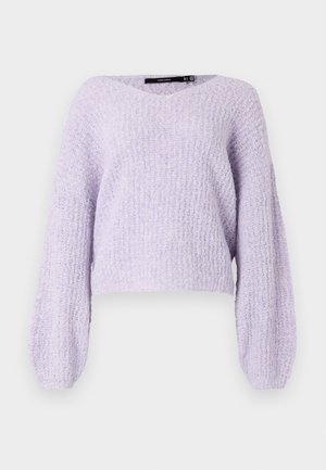 Lilac cropped sweater with textured knit, wide sleeves, and a V-neckline. Soft material with a loose fit and ribbed detailing at the hem.