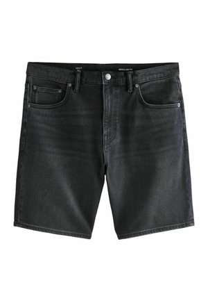 Schwarze Regular-Fit Denim-Shorts mit Frontknopf, Gürtelschlaufen und fünf Taschen, flach auf weißem Hintergrund liegend.