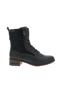 Les bottes d'ankle en cuir noir possèdent un tige en tissu texturé, un système de laçage à l'avant, une fermeture éclair sur le côté et un talon empilé bas agrémenté d'accents décoratifs.