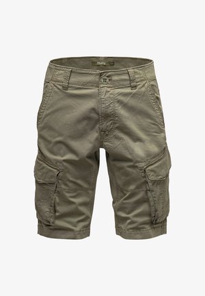 Khaki cargo shorts with multiple side pockets, a button closure, and a relaxed fit. Made from a lightweight fabric with a smooth texture.