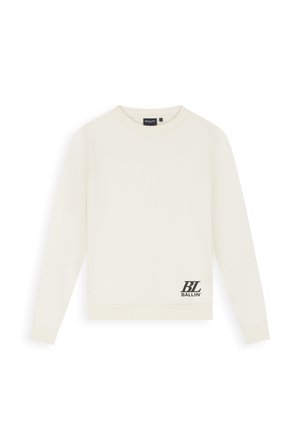 Effen witte trui met lange mouwen, ronde hals en zwart "BL Ballin"-logo gedrukt aan de linkeronderkant aan de voorkant.