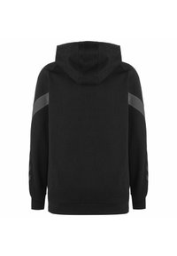 Zwarte hoodie met lange mouwen, voorzien van grijze strepen op de schouders en langs de zijkanten. Zacht materiaal met een casual pasvorm.