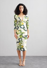 Pielāgojoša kleita baltā audumā ar zaļām lapu un dzeltenu citronu apdrukām. Ar dziļu V veida kakla izgriezumu un 3/4 garuma piedurknēm. Gluda tekstūra.