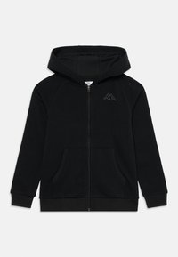 Crna zip-up dukserica s prednjim džepovima, rebrastim manžetama i malim logotipom na lijevoj strani grudi, prikazana na bijeloj pozadini.