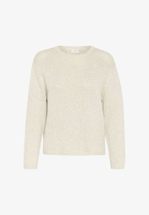 Lichtbeige gebreide trui met een ronde hals, lange mouwen en een losse pasvorm. De textuur is zacht, met een subtiel ribbelpatroon.