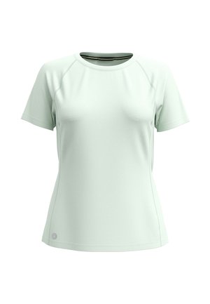 Light green short-sleeve t-shirt with a rounded neckline, made of smooth, stretchy fabric, featuring raglan sleeves and a subtle logo at the hem.