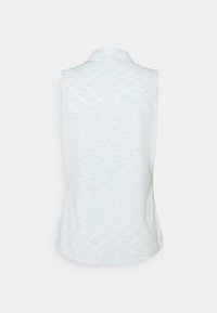 Polo sans manches bleu clair avec un motif texturé. Tissu doux avec un col traditionnel et un ourlet arrondi pour une coupe décontractée.