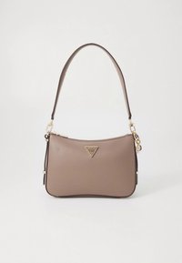 Bruine leren handtas met een gestructureerde vorm, gouden beslag, een enkele schouderriem en een driehoekig logodetail aan de voorkant.