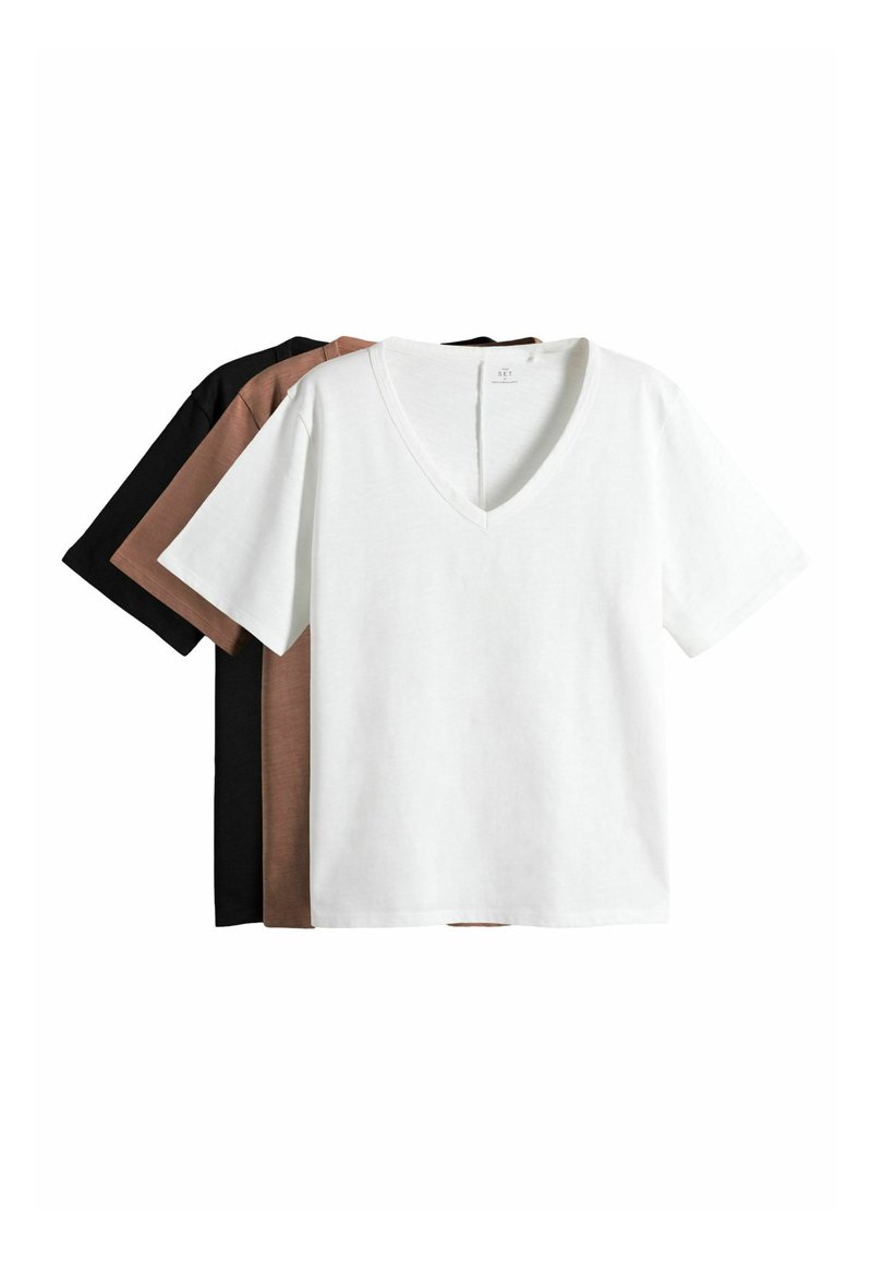 Tričko s v-neck výstrihom v bielej, hnedej a čiernej farbe, s krátkymi rukávmi a jemnou textúrou, s čistými líniami a jednoduchým dizajnom.