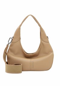 Sac à main en cuir tan avec une texture douce, de forme hobo arrondie et une bandoulière tressée amovible. Arbore des coutures subtiles et un détail de logo.