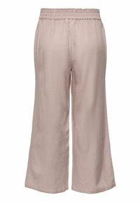 Beiga byxor med vida ben och elastisk midja, skräddarsydda sömmar och avslappnad passform, visade framifrån mot en vit bakgrund.