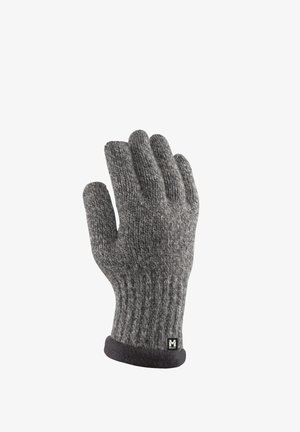 Gant d'hiver tricoté gris avec poignet côtelé et bordure noire, avec un petit logo de la marque Millet sur le poignet.