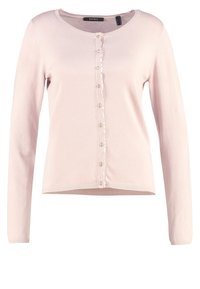 Ljusrosa cardigan med långa ärmar, rund halsringning och knappar framtill. Tillverkad av mjukt material och har små, diskreta knappar.