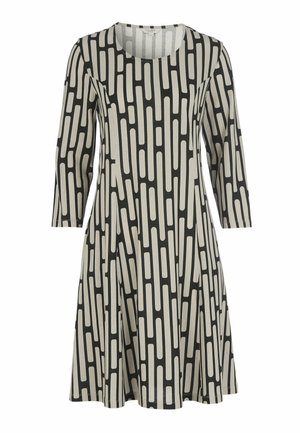 Schwarz-creamfarbenes Kleid mit geometrischem Muster, runder Ausschnitt und Dreiviertelärmeln. Ausgestellter Rock aus weichem Stoff.