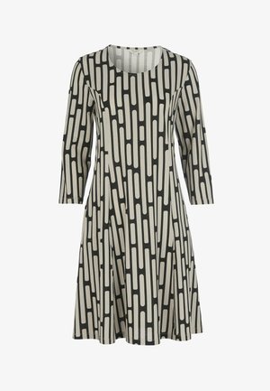 Schwarz-creamfarbenes Kleid mit geometrischem Muster, runder Ausschnitt und Dreiviertelärmeln. Ausgestellter Rock aus weichem Stoff.
