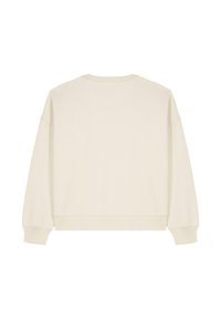 Crème-kleurige lange mouwen crewneck sweatshirt met geribde manchetten en tailleband, van de achterkant weergegeven op een witte achtergrond.