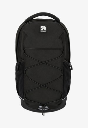 Zaino nero con tessuto testurizzato, dotato di un cordino elastico frontale, tasche laterali in rete e manico superiore. Logo nella parte superiore.