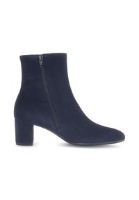 Marineblauwe suède enkellaarsjes met een ronde neus, een zijrits en een blokhak. Glad materiaal en slanke silhouette.