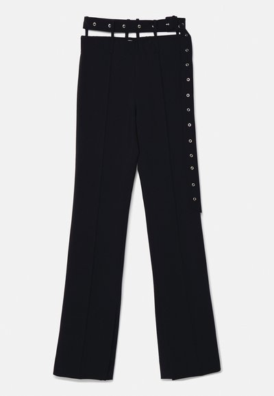 Black high-waisted trousers with a wide leg, featuring a belted waist and side snap detailing. Made from a smooth, structured fabric.