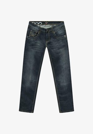 Donkerblauwe denim jeans met een slanke pasvorm, voorzien van contrasterende gele stiksels, vijf zakken en een klassieke knoop- en ritssluiting.