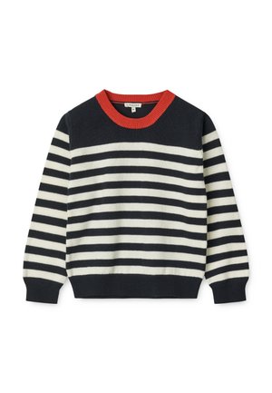 Langærmet sort og hvid stribet sweater med horisontale striber, rød ribbet rund halsudskæring og sorte ribbede manchetter og kant.