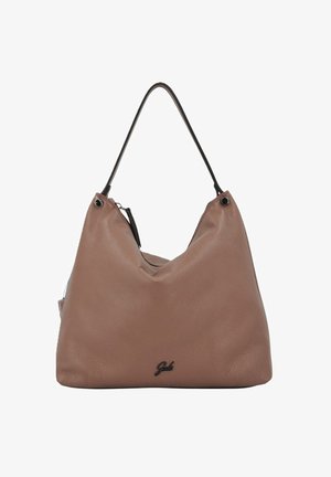Borsa hobo in pelle marrone con finitura testurizzata, manici neri e un logo sottile. Presenta una forma morbida con chiusura con zip.