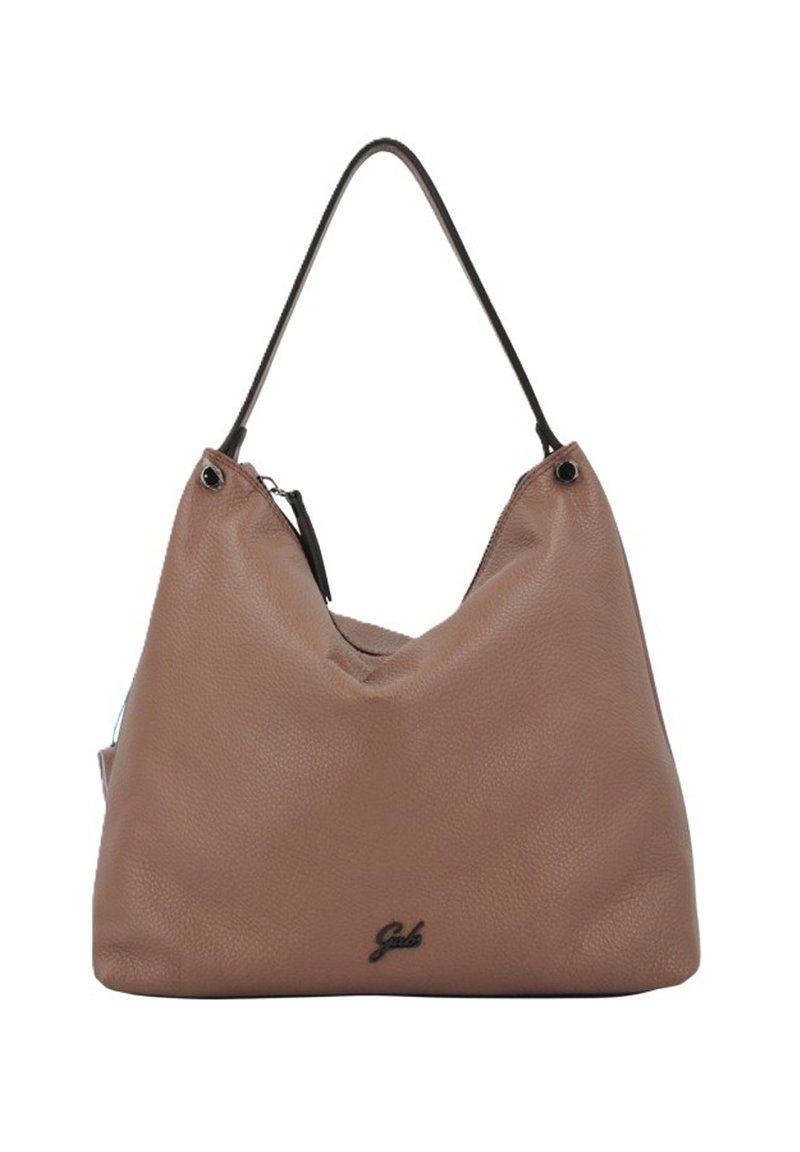 Borsa hobo in pelle marrone con finitura testurizzata, manici neri e un logo sottile. Presenta una forma morbida con chiusura con zip.