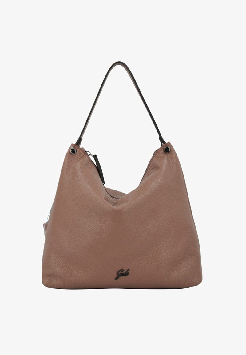 Borsa hobo in pelle marrone con finitura testurizzata, manici neri e un logo sottile. Presenta una forma morbida con chiusura con zip.