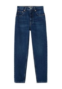Hochgeschnittene blaue Jeans aus Denim mit geradem Bein, fünf Taschen und Akzenten aus Kupferknöpfen und -nieten.