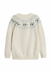 Valkoinen neulepusero, jossa on ribbetty pyöreä kaula-aukko. Puserossa on kukkakuosi, jossa on sinisiä ja vihreitä koristeita yläosassa, ja se on valmistettu tekstuuripintaisesta kankaasta.