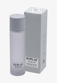 Bottiglia trasparente a righe con tappo di colore viola chiaro, contenente 200 ml di profumo Replay Iceland Light. Include una scatola con marchio.