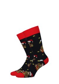 Czarne skarpetki z czerwonymi mankietami i palcami. Z powtarzającym się wzorem misiów w czapkach Mikołaja oraz złotych gwiazdek. Miękki, elastyczny materiał.