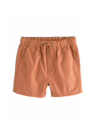 Shorts de bain orange avec une taille élastique, détail de cordon de serrage et deux poches latérales. Fabriqués en matériau léger et lisse.