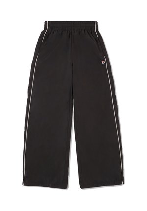 Zwarte wijde broek van lichtgewicht materiaal, met witte zijstreep en een elastische tailleband voor extra comfort.
