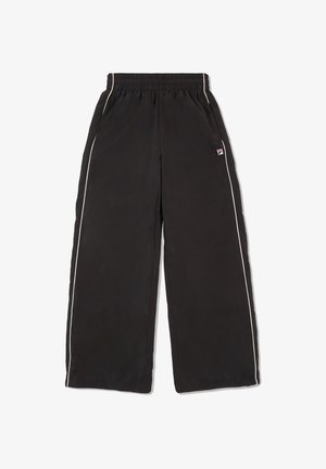 Schwarze, weit geschnittene Hose aus leichtem Material, mit weißen Seitenstreifen und einem elastischen Bund für zusätzlichen Komfort.